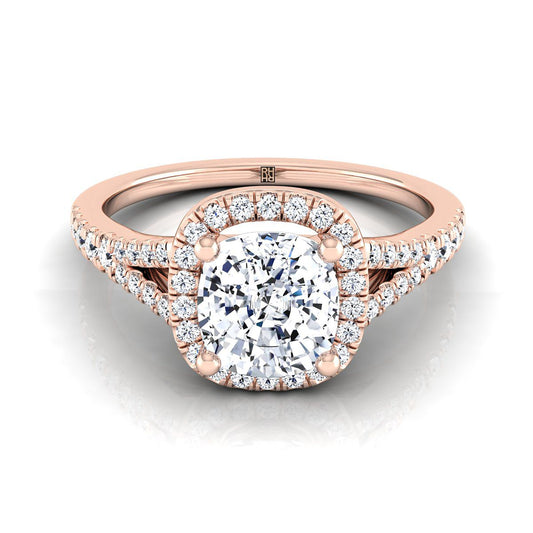 Scroll Gallery Split Shank Halo Cushion Engagement Ring Setting in 14K Rose Gold