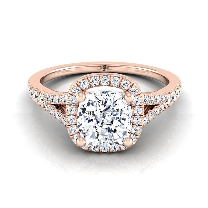 Scroll Gallery Split Shank Halo Cushion, in 14K Rose Gold, pave setting – view 8 | RockHer