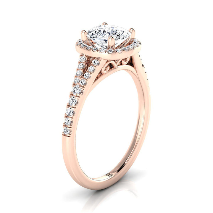 Scroll Gallery Split Shank Halo Cushion, in 14K Rose Gold, pave setting – view 9 | RockHer