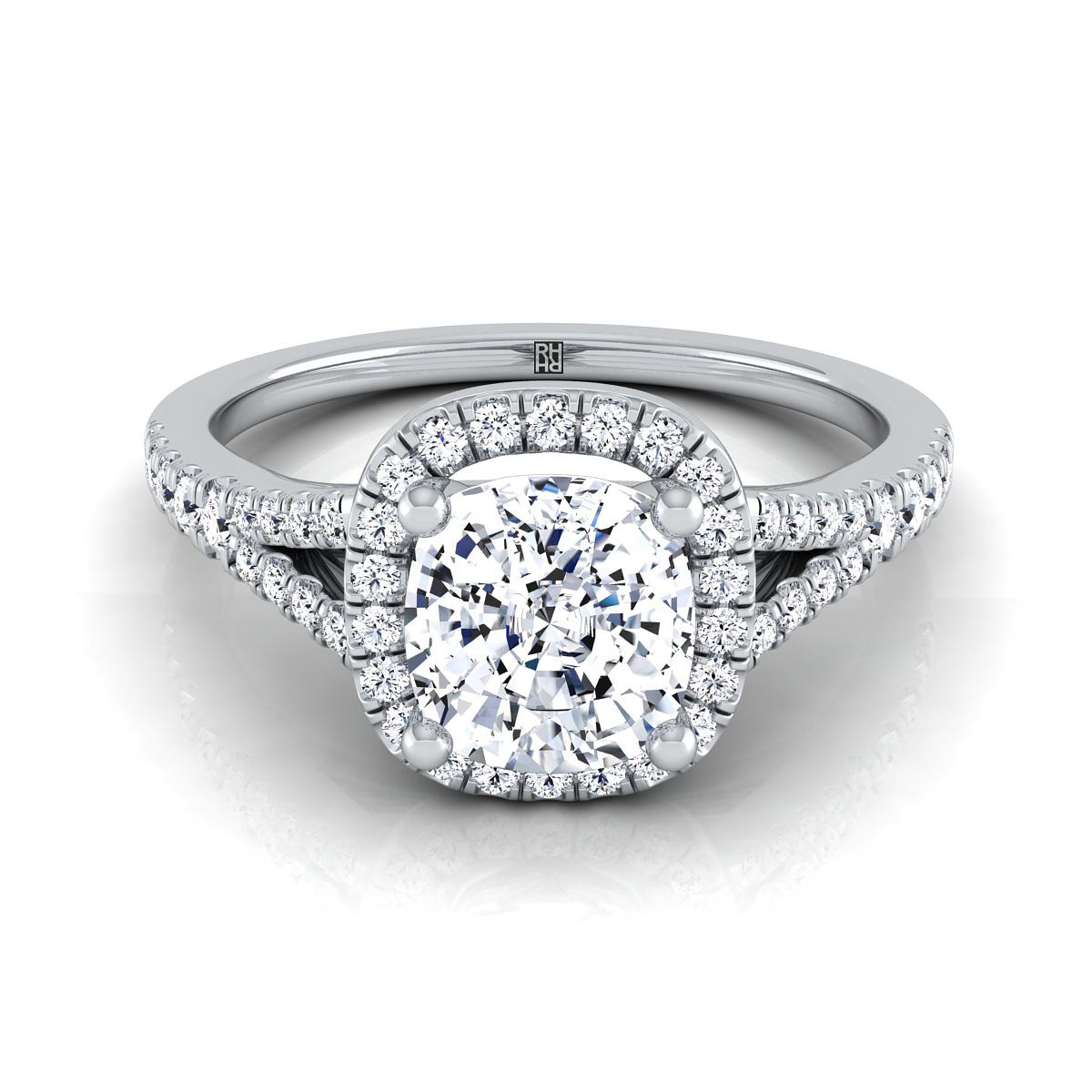 Scroll Gallery Split Shank Halo Cushion, in Platinum, pave setting | RockHer
