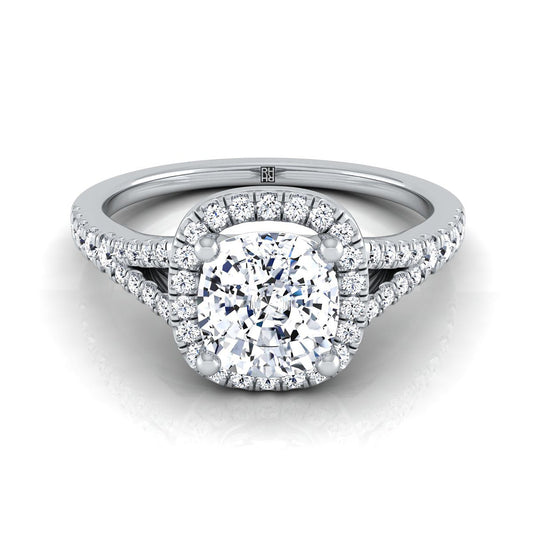 Scroll Gallery Split Shank Halo Cushion, in 18K White Gold, pave setting | RockHer