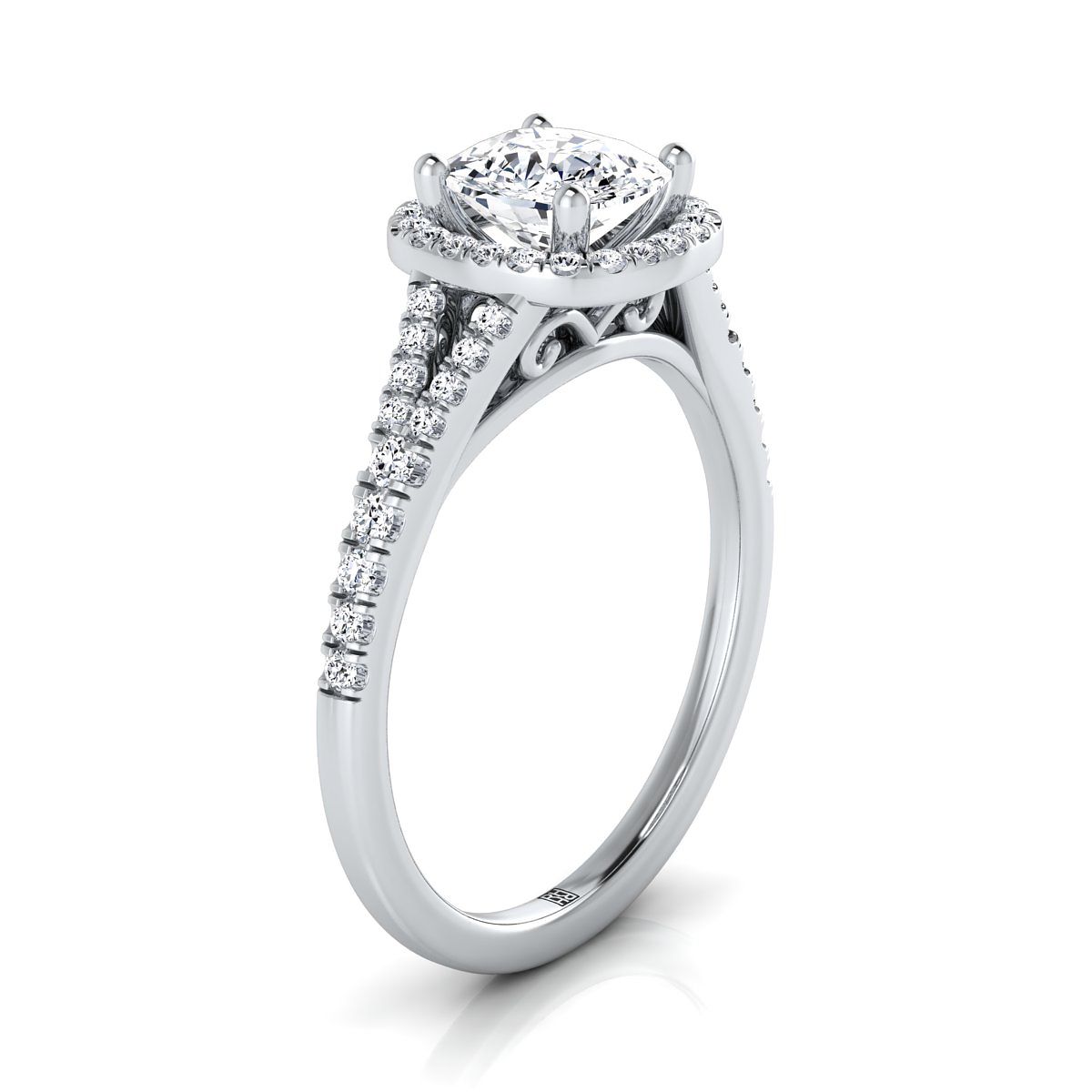 Scroll Gallery Split Shank Halo Cushion, in Platinum, pave setting – side profile | RockHer