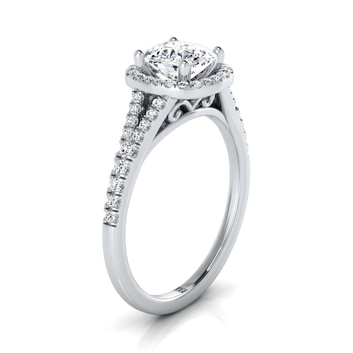 Scroll Gallery Split Shank Halo Cushion, in Platinum, pave setting – side profile | RockHer