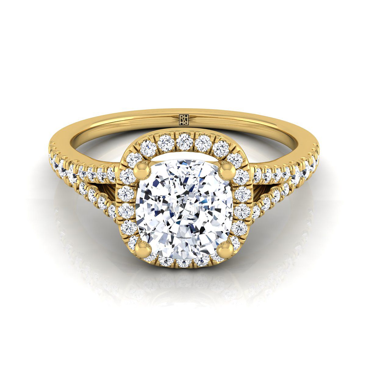 Scroll Gallery Split Shank Halo Cushion, in 18K Yellow Gold, pave setting | RockHer