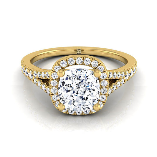 Scroll Gallery Split Shank Halo Cushion, in 18K Yellow Gold, pave setting | RockHer