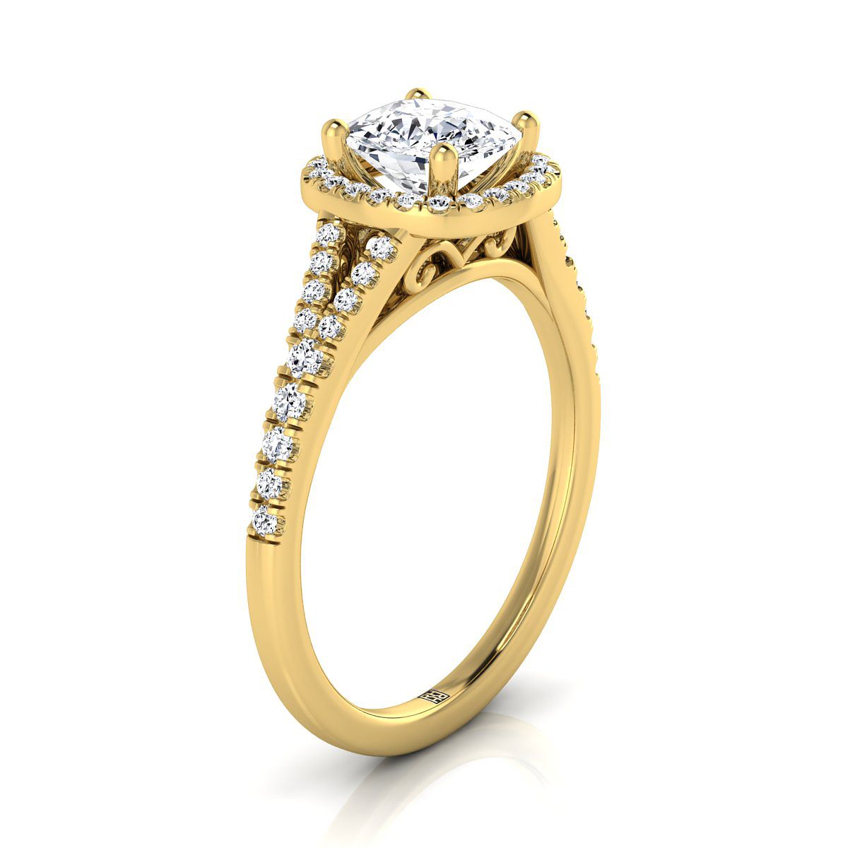 Scroll Gallery Split Shank Halo Cushion, in 18K Yellow Gold, pave setting – side profile | RockHer