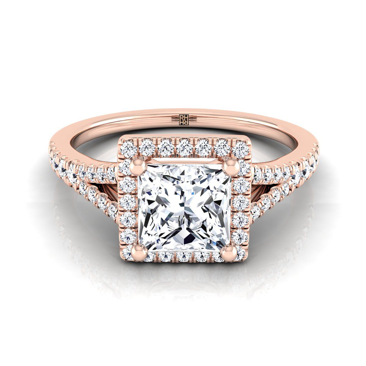 Scroll Gallery Split Shank Halo Princess, in 14K Rose Gold, pave setting | RockHer