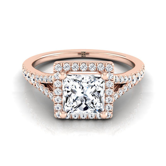 Scroll Gallery Split Shank Halo Princess, in 14K Rose Gold, pave setting | RockHer