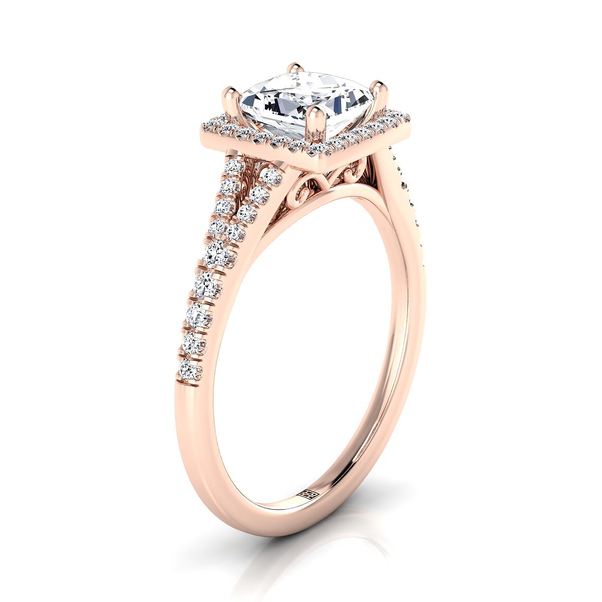 Scroll Gallery Split Shank Halo Princess, in 14K Rose Gold, pave setting – side profile | RockHer