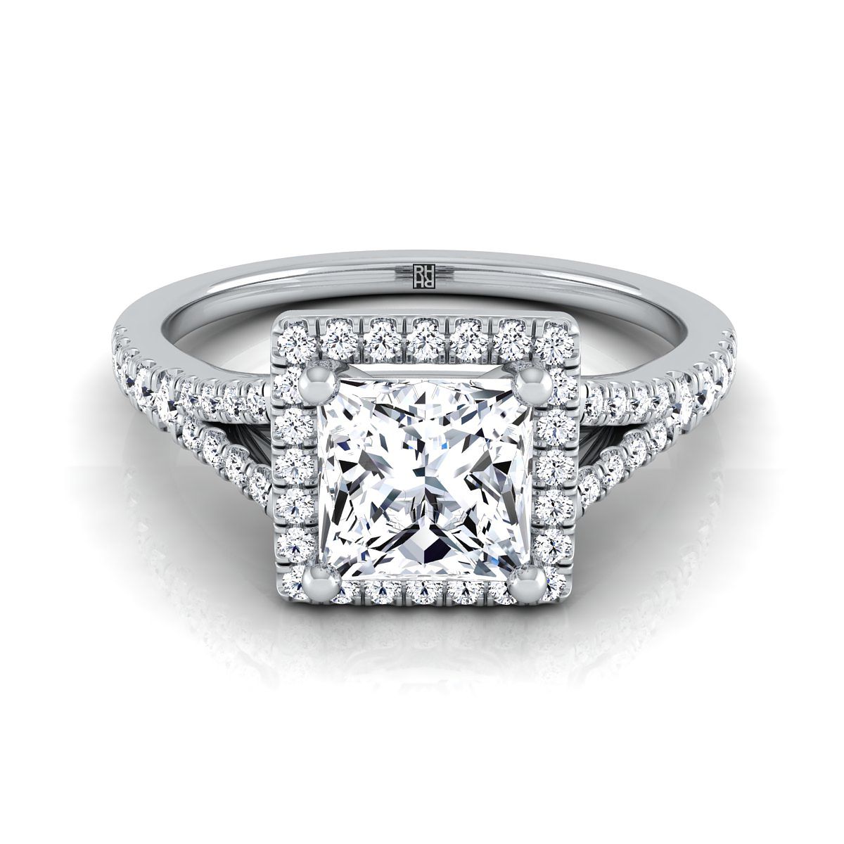 Scroll Gallery Split Shank Halo Princess, in 18K White Gold, pave setting | RockHer