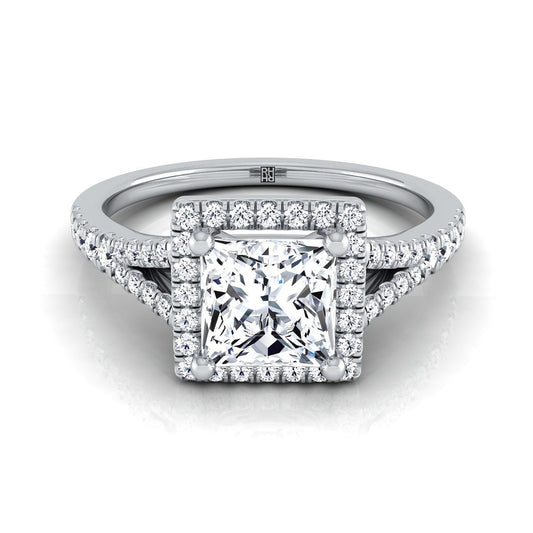 Scroll Gallery Split Shank Halo Princess, in 18K White Gold, pave setting | RockHer