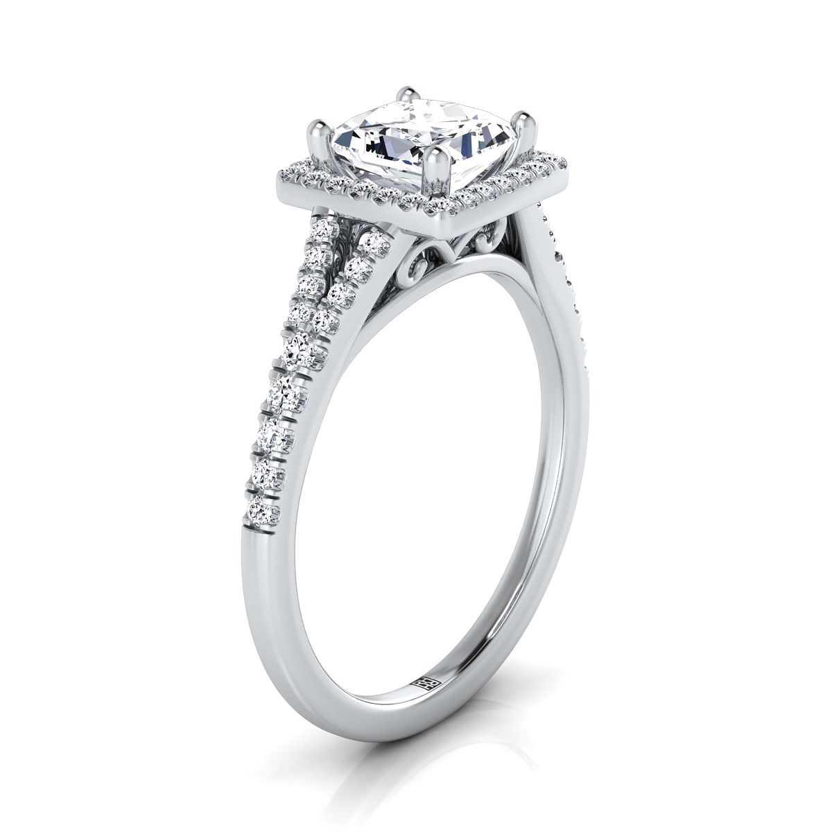 Scroll Gallery Split Shank Halo Princess, in Platinum, pave setting – side profile | RockHer