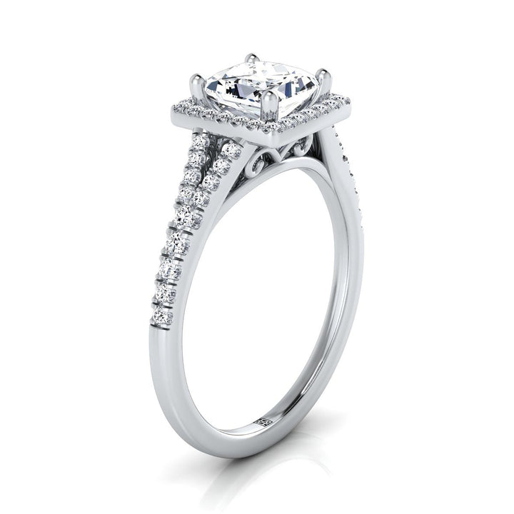 Scroll Gallery Split Shank Halo Princess, in 18K White Gold, pave setting – side profile | RockHer