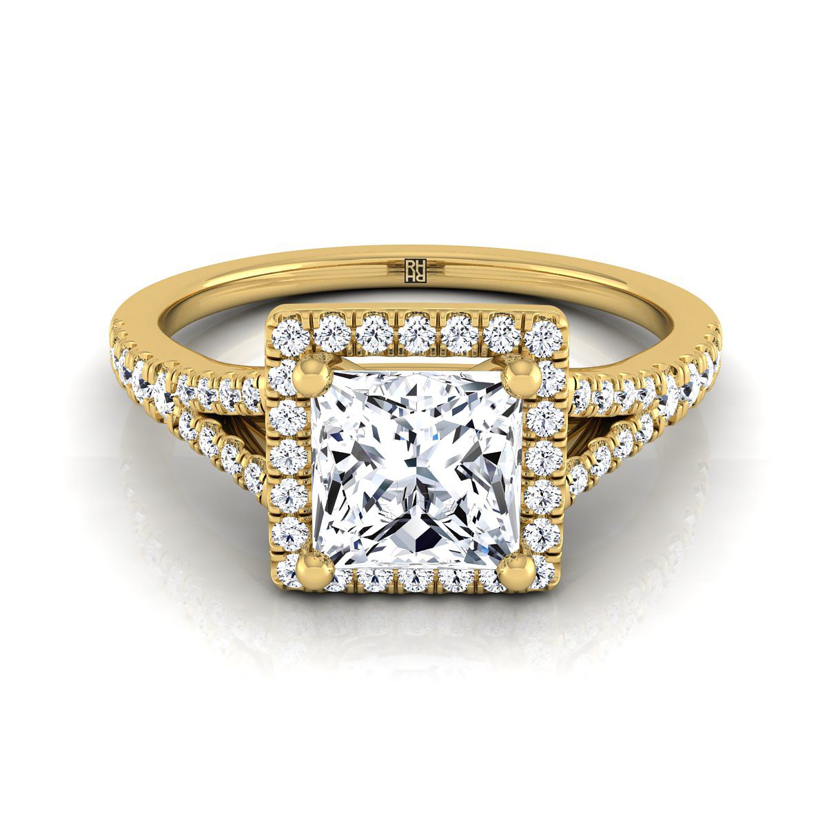 Scroll Gallery Split Shank Halo Princess, in 18K Yellow Gold, pave setting | RockHer