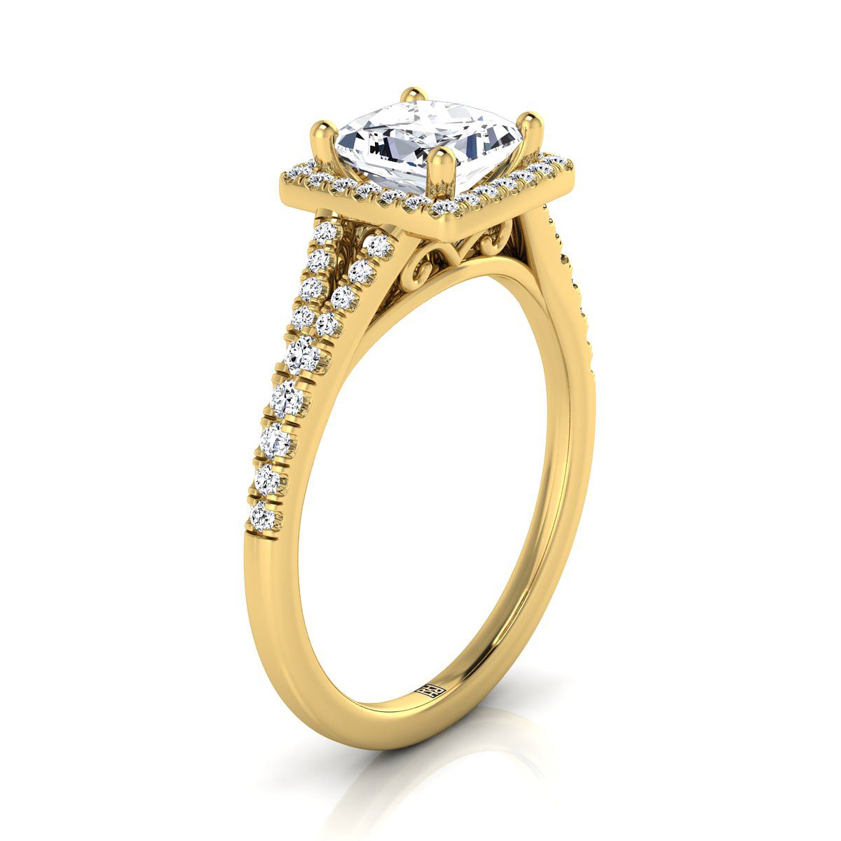 Scroll Gallery Split Shank Halo Princess, in 18K Yellow Gold, pave setting – side profile | RockHer