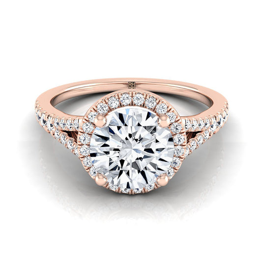 Round Brilliant, Scroll Gallery Split Shank Halo, in 14K Rose Gold, pave setting | RockHer