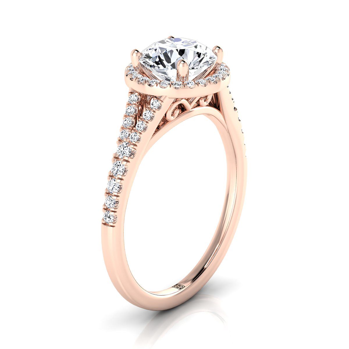 Round Brilliant, Scroll Gallery Split Shank Halo, in 14K Rose Gold, pave setting – side profile | RockHer