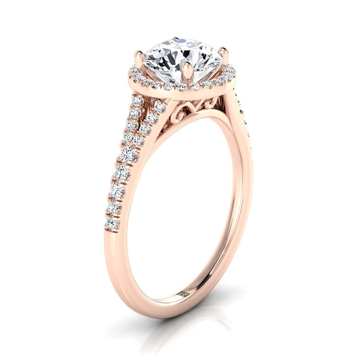 Round Brilliant, Scroll Gallery Split Shank Halo, in 14K Rose Gold, pave setting – side profile | RockHer