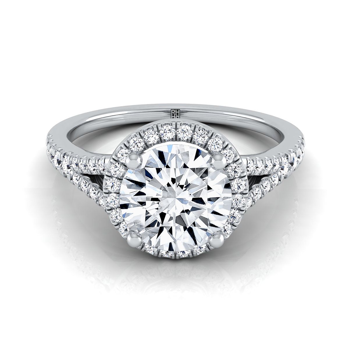 Round Brilliant, Scroll Gallery Split Shank Halo, in 18K White Gold, pave setting | RockHer