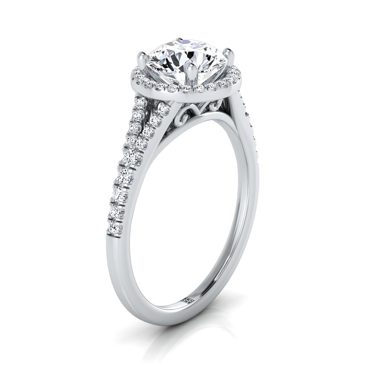 Round Brilliant, Scroll Gallery Split Shank Halo, in 18K White Gold, pave setting – side profile | RockHer