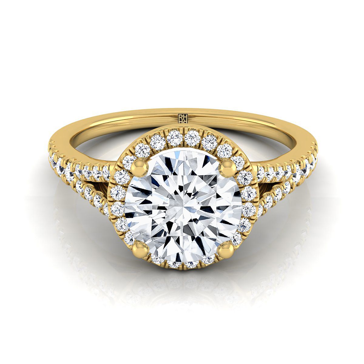 Round Brilliant, Scroll Gallery Split Shank Halo, in 18K Yellow Gold, pave setting | RockHer