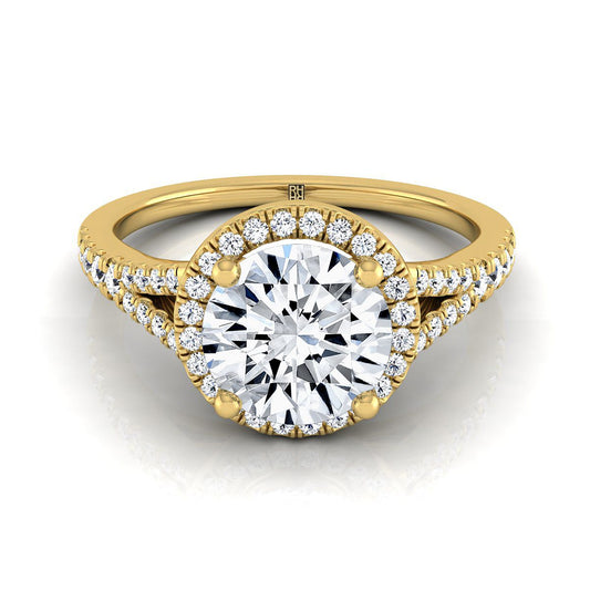 Round Brilliant, Scroll Gallery Split Shank Halo, in 18K Yellow Gold, pave setting | RockHer