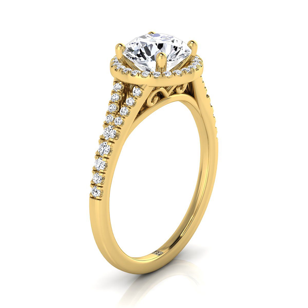 Round Brilliant, Scroll Gallery Split Shank Halo, in 18K Yellow Gold, pave setting – side profile | RockHer