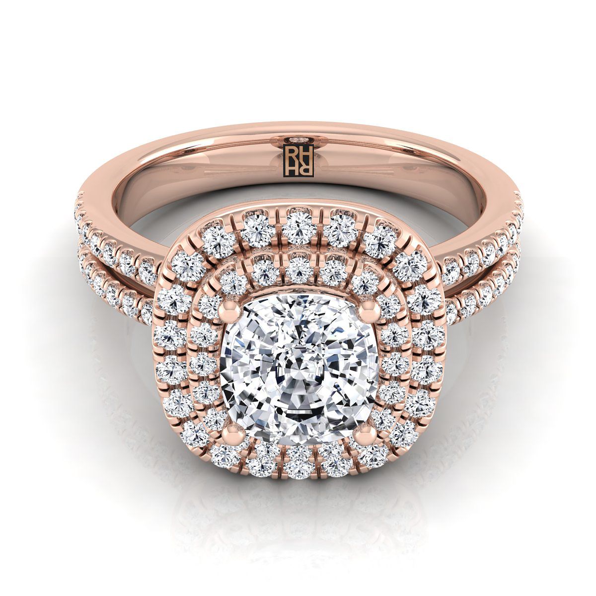 Linear Double Row Halo Cushion, in 14K Rose Gold, pave setting | RockHer