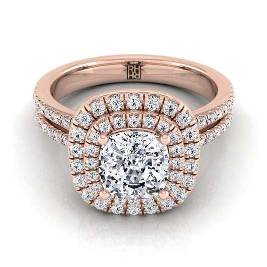 Linear Double Row Halo Cushion, in 14K Rose Gold, pave setting | RockHer