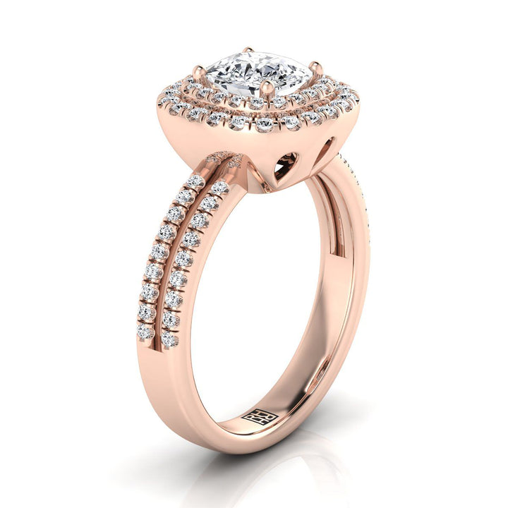 Linear Double Row Halo Cushion, in 14K Rose Gold, pave setting – side profile | RockHer