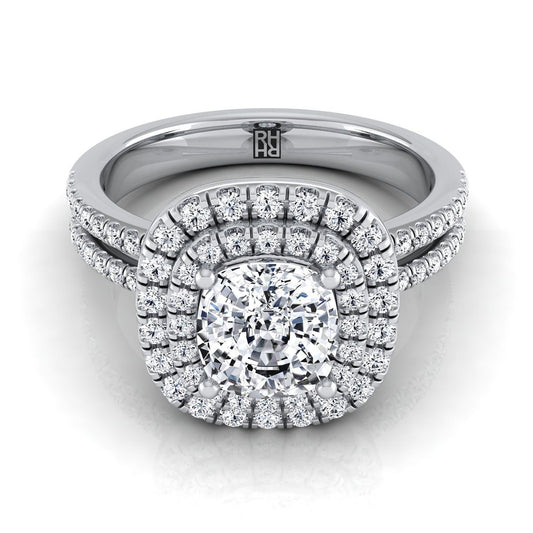 Linear Double Row Halo Cushion, in Platinum, pave setting | RockHer