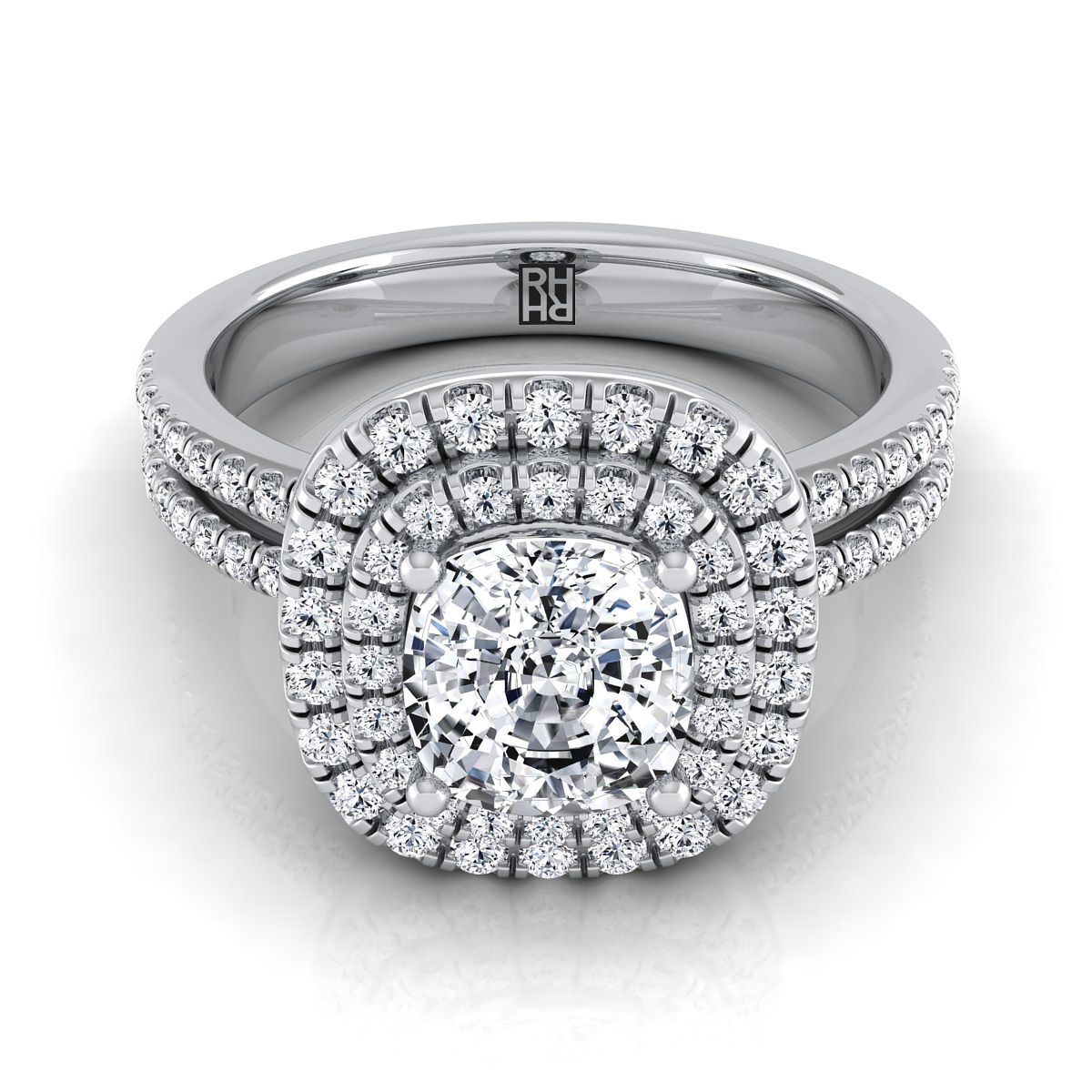Linear Double Row Halo Cushion, in 18K White Gold, pave setting | RockHer