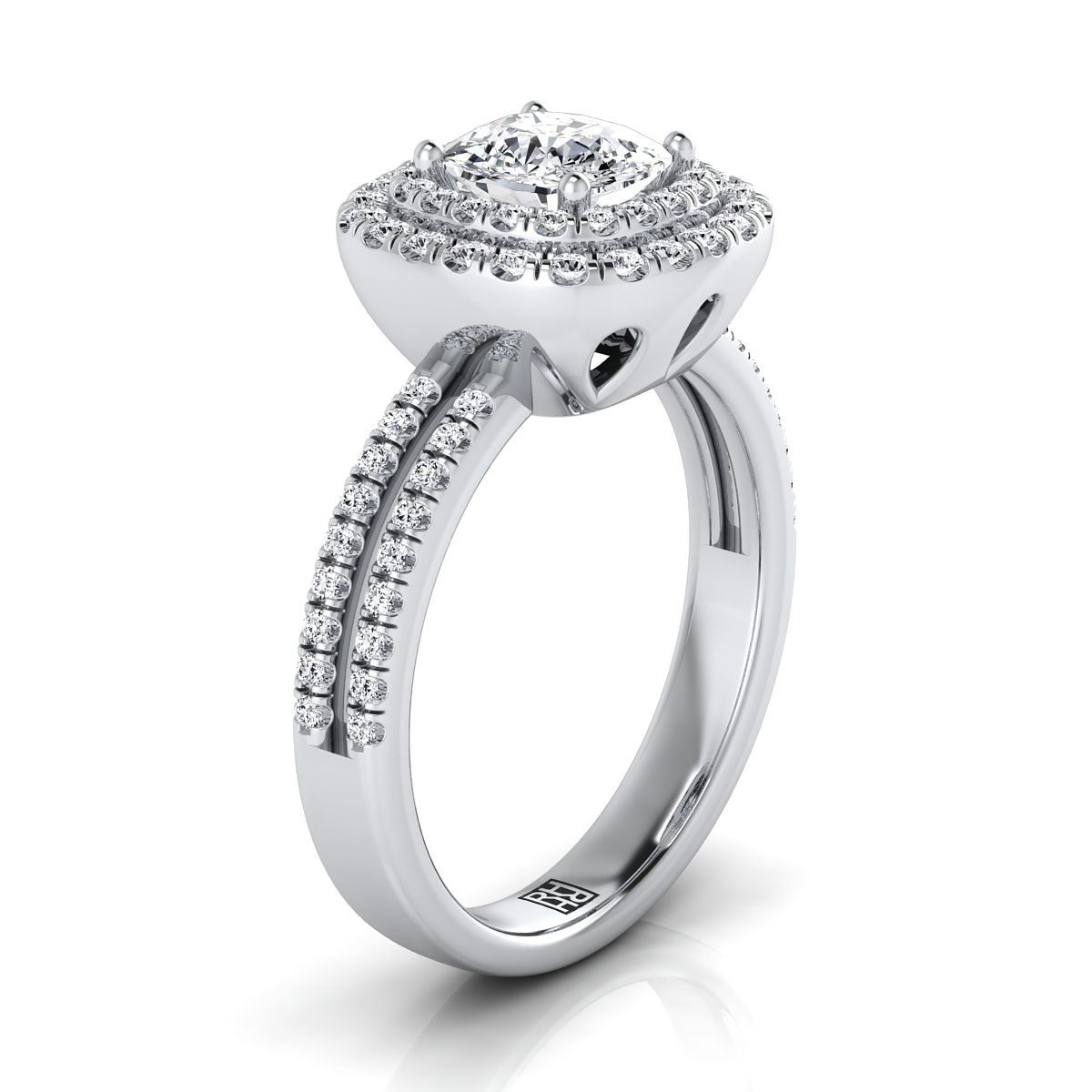 Linear Double Row Halo Cushion, in Platinum, pave setting – side profile | RockHer