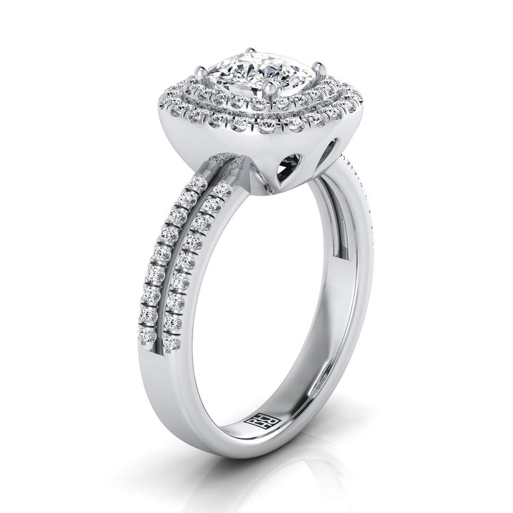 Linear Double Row Halo Cushion, in Platinum, pave setting – side profile | RockHer
