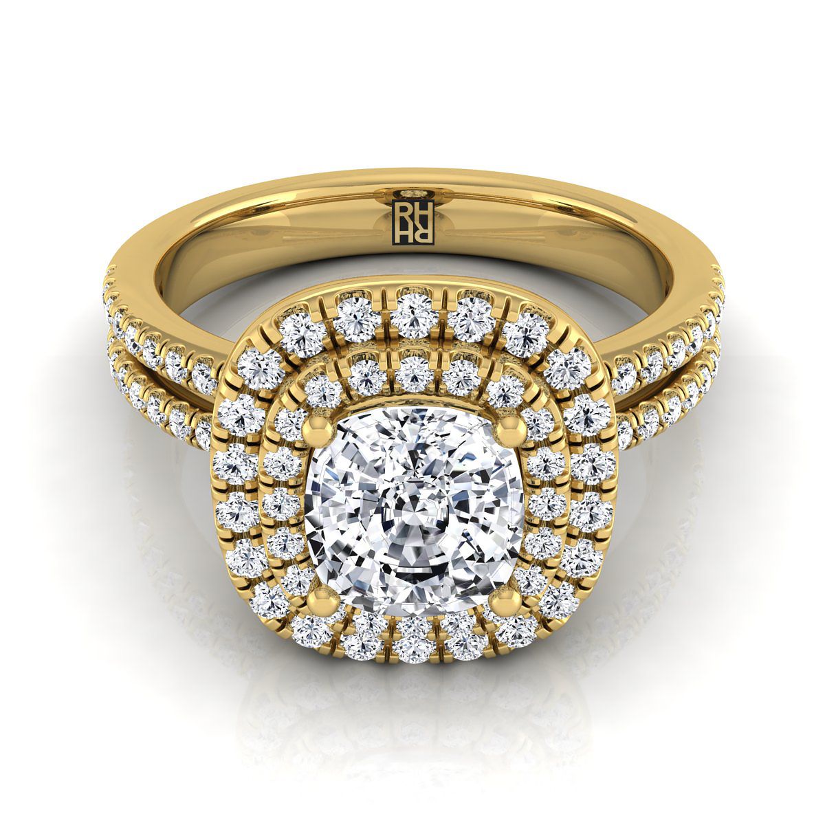 Linear Double Row Halo Cushion, in 18K Yellow Gold, pave setting | RockHer