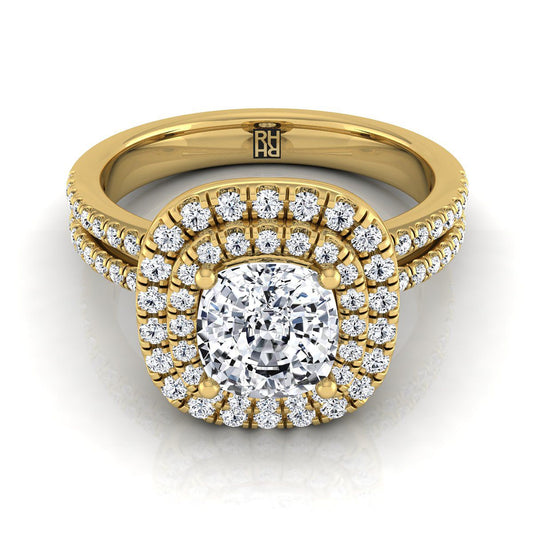 Linear Double Row Halo Cushion, in 18K Yellow Gold, pave setting | RockHer