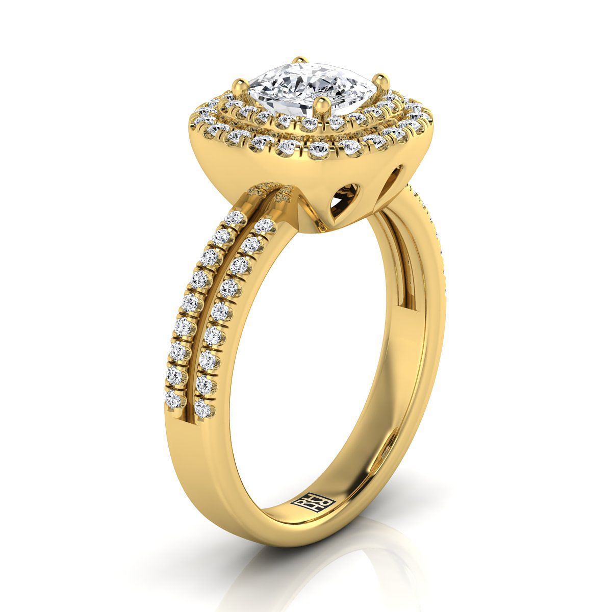 Linear Double Row Halo Cushion, in 18K Yellow Gold, pave setting – side profile | RockHer