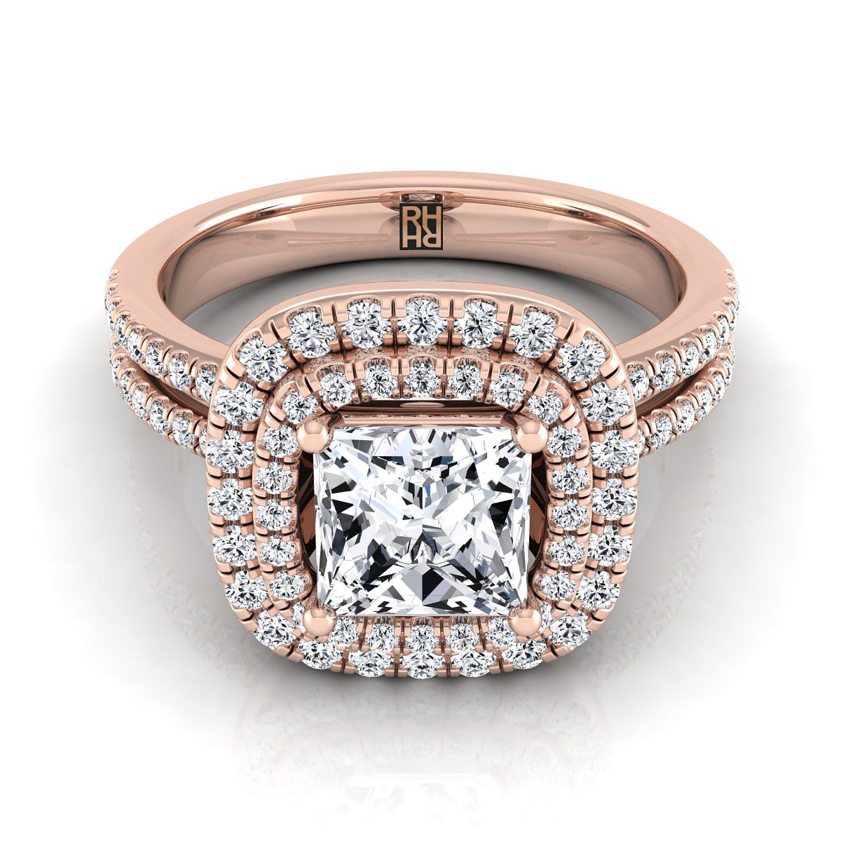 แหวนหมั้นเพชรทรงเจ้าหญิงแบบเส้นตรงสองแถวพร้อมฮาโลจากทองกุหลาบ 14K - 3/8ctw