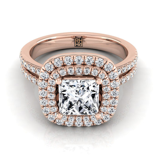 แหวนหมั้นเพชรทรงเจ้าหญิงแบบเส้นตรงสองแถวพร้อมฮาโลจากทองกุหลาบ 14K - 3/8ctw