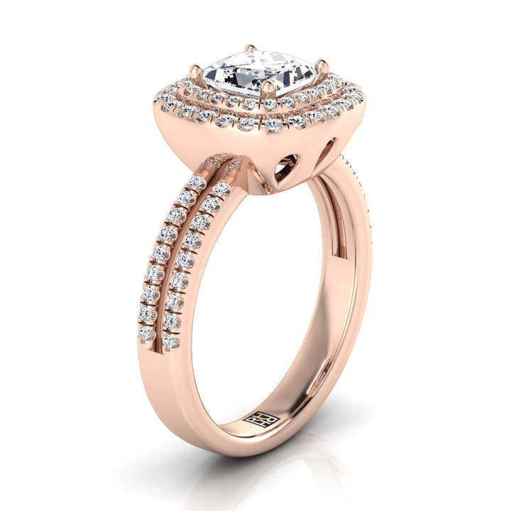 Linear Double Row Halo Princess, in 14K Rose Gold, pave setting – side profile | RockHer
