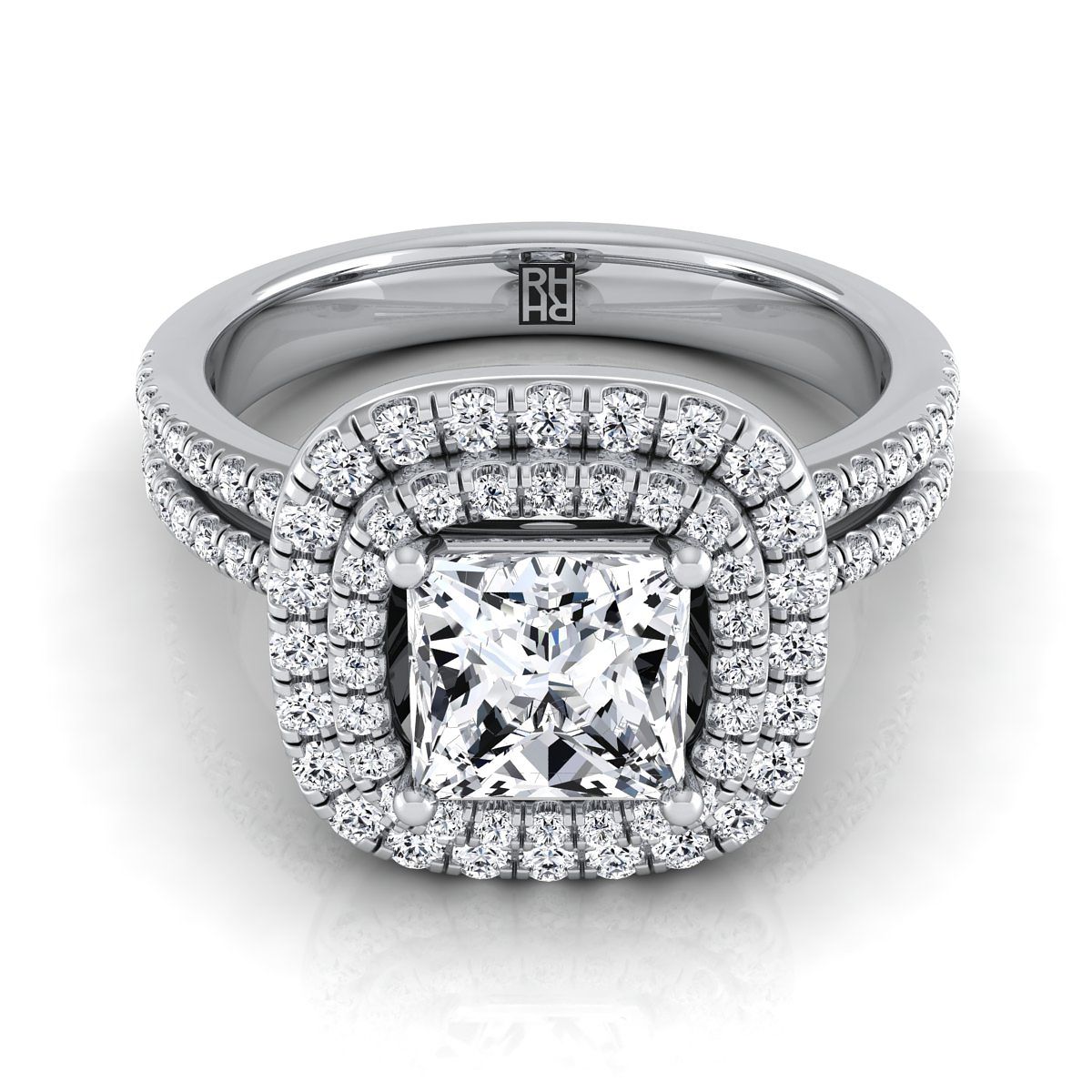 Linear Double Row Halo Princess, in 18K White Gold, pave setting | RockHer