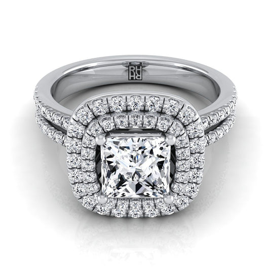 Linear Double Row Halo Princess, in 18K White Gold, pave setting | RockHer