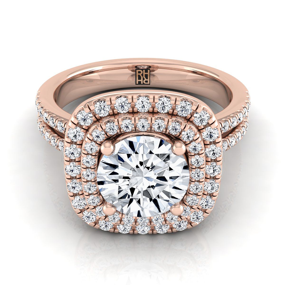Round Brilliant, Linear Double Row Halo, in 14K Rose Gold, pave setting – view 8 | RockHer