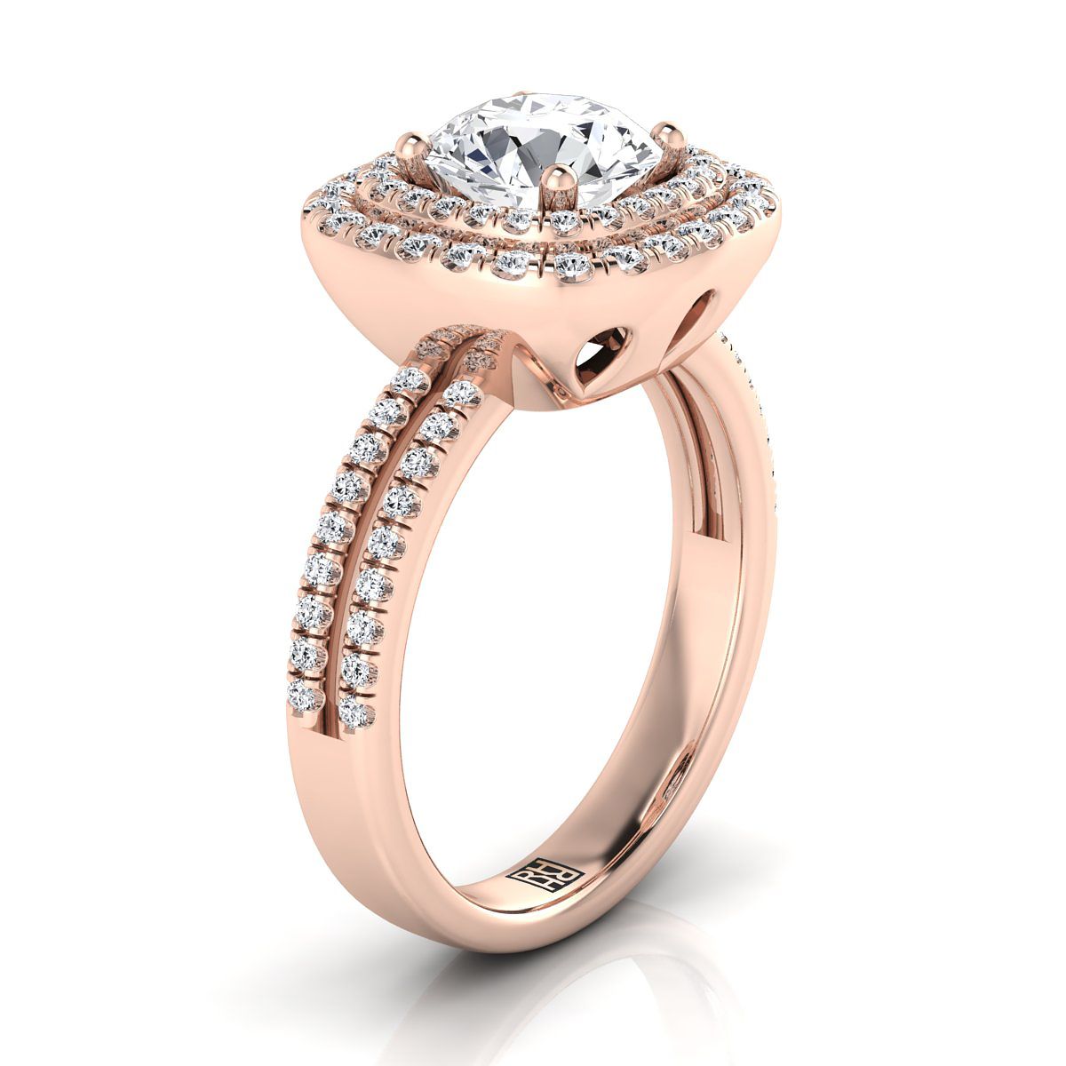 Round Brilliant, Linear Double Row Halo, in 14K Rose Gold, pave setting – view 9 | RockHer
