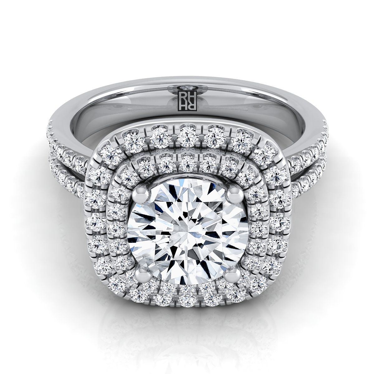 Round Brilliant, Linear Double Row Halo, in 18K White Gold, pave setting | RockHer