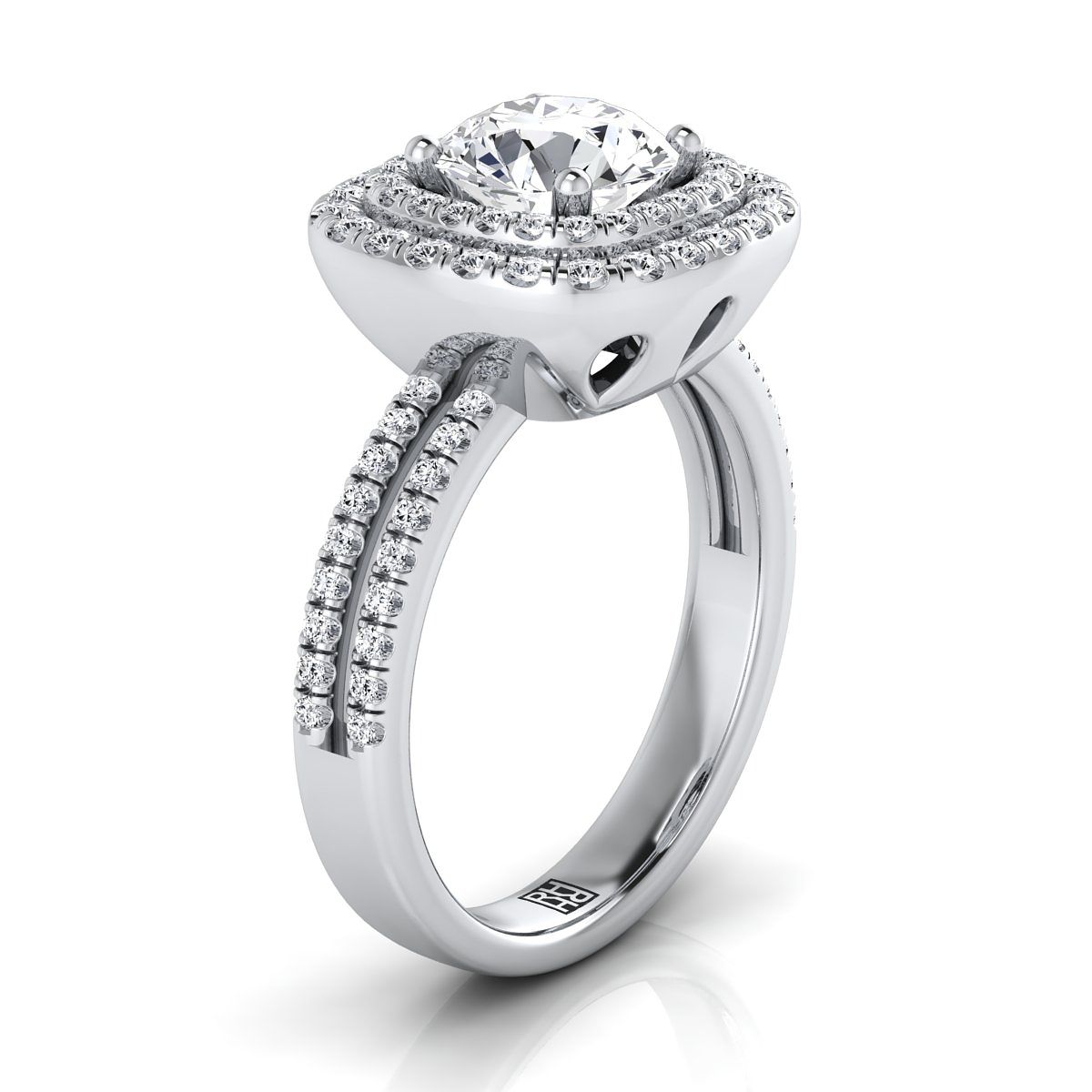 Round Brilliant, Linear Double Row Halo, in 18K White Gold, pave setting – side profile | RockHer