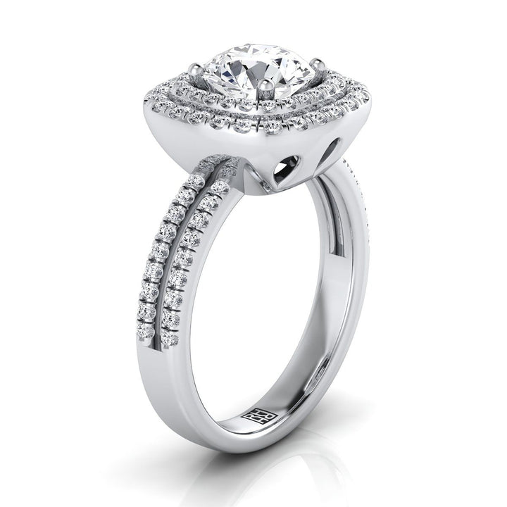 Round Brilliant, Linear Double Row Halo, in 18K White Gold, pave setting – side profile | RockHer