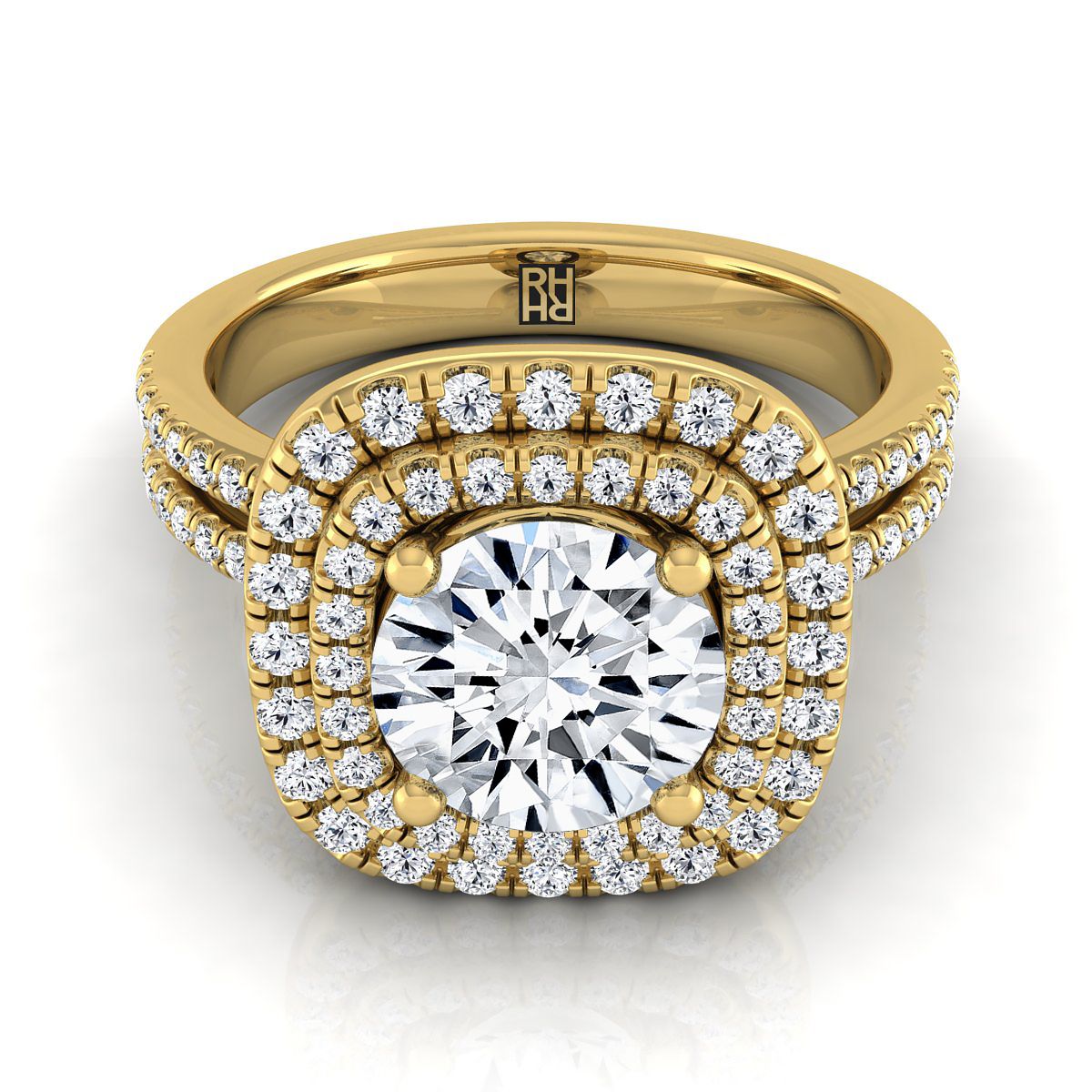Round Brilliant, Linear Double Row Halo, in 18K Yellow Gold, pave setting | RockHer