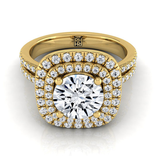 Round Brilliant, Linear Double Row Halo, in 18K Yellow Gold, pave setting | RockHer