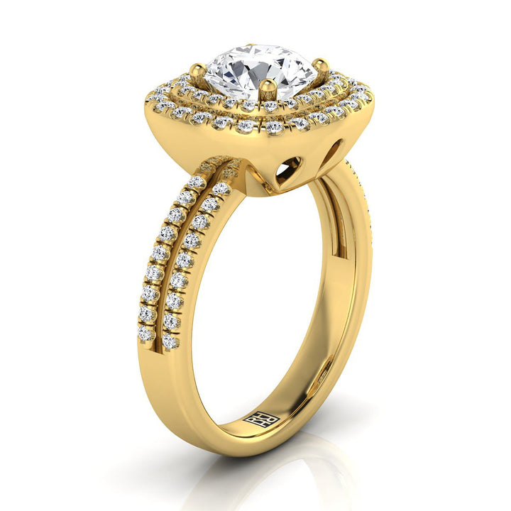 Round Brilliant, Linear Double Row Halo, in 18K Yellow Gold, pave setting – side profile | RockHer